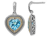 5.75 Carat (ctw) Swiss Blue Topaz Dangle Heart Earrings in Sterling Silver with 14K Gold Accent